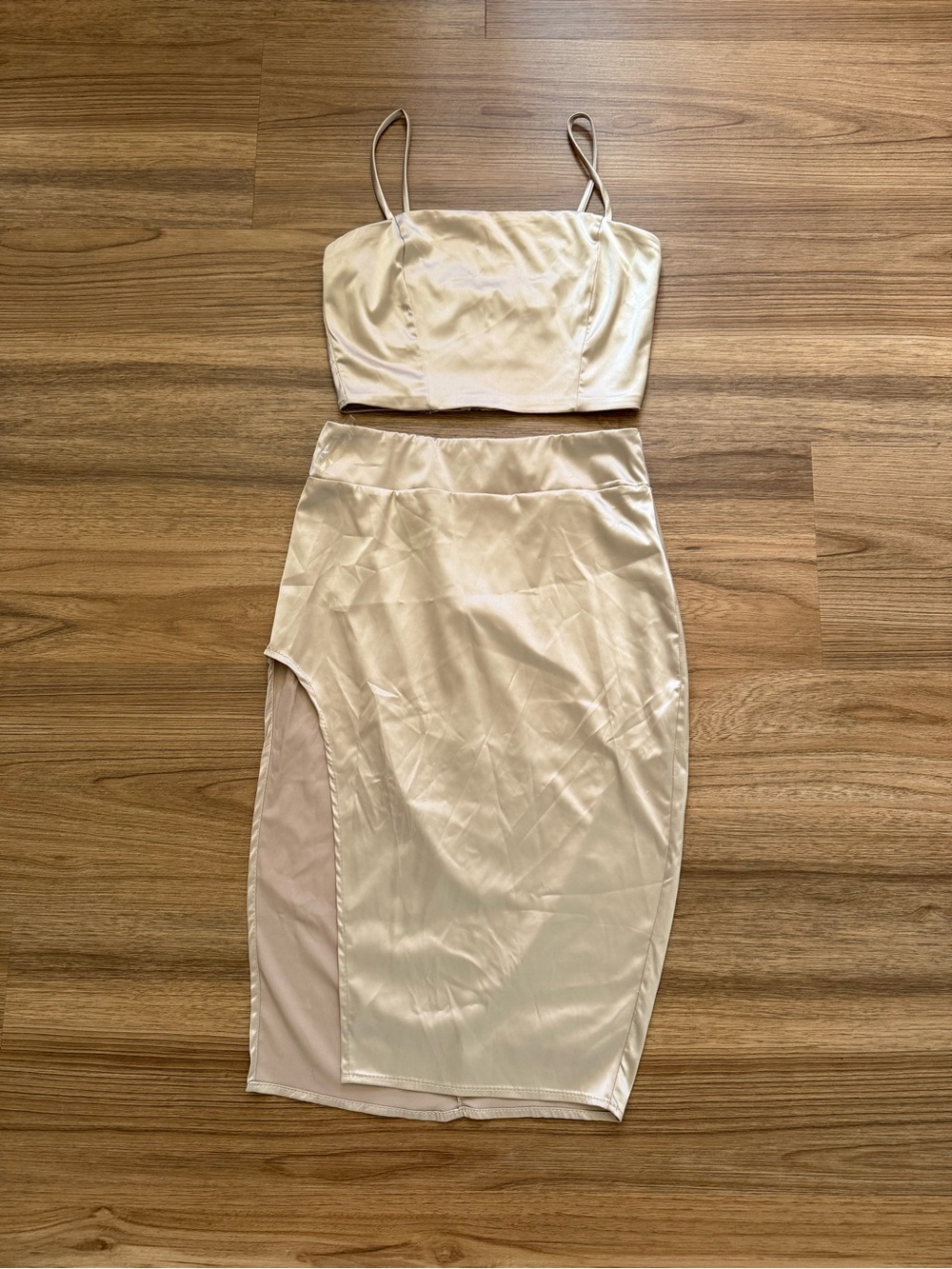 Cream Satin High-Waist Side-Slit Skirt with Matching Crop Top